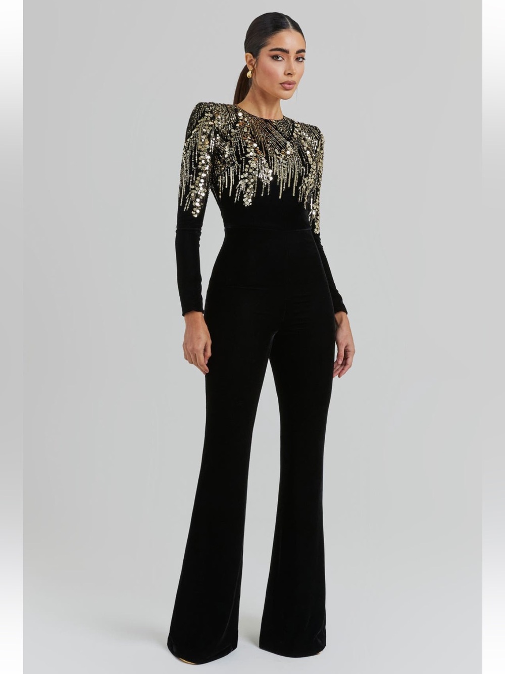NADINE MERABI Katarina Sequin Long Sleeve Velvet Jumpsuit 12